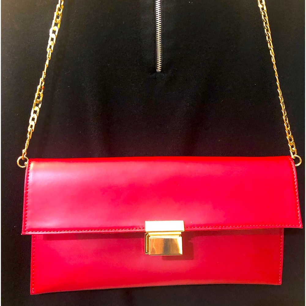 Alessandro Mari Red Leather thin crossbody convertible clutch bag gold hardware.